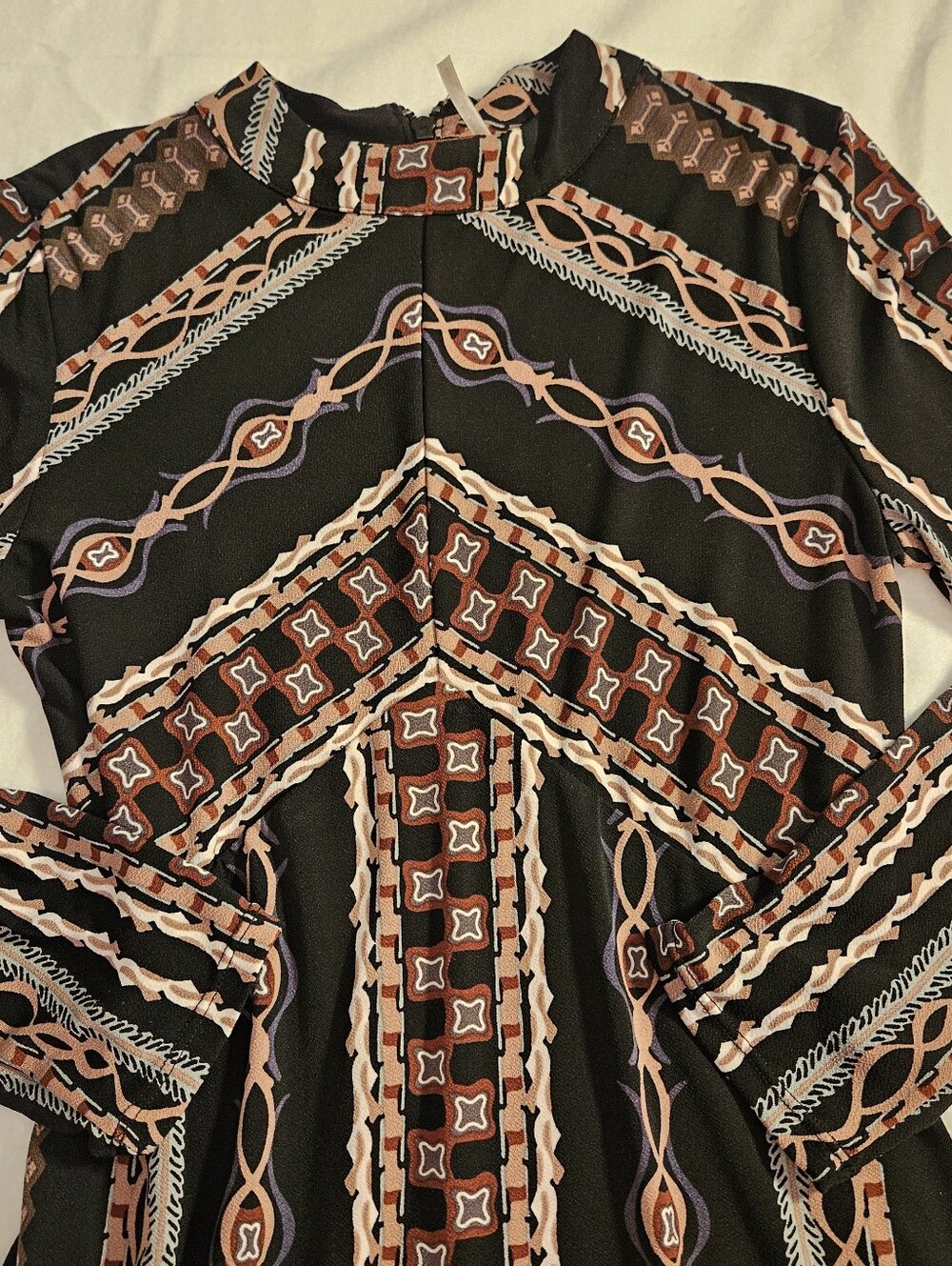 Free People Small Black Geometric Print Long Sleeve Mini Dress Boho - Picture 7 of 16